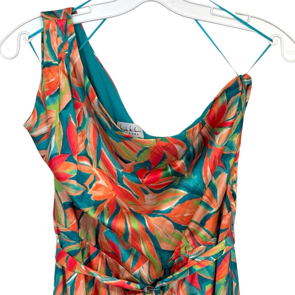 Nicole Miller Tropical Print One-Shoulder Satin Maxi Dress 10 L - Picture 4 of 8